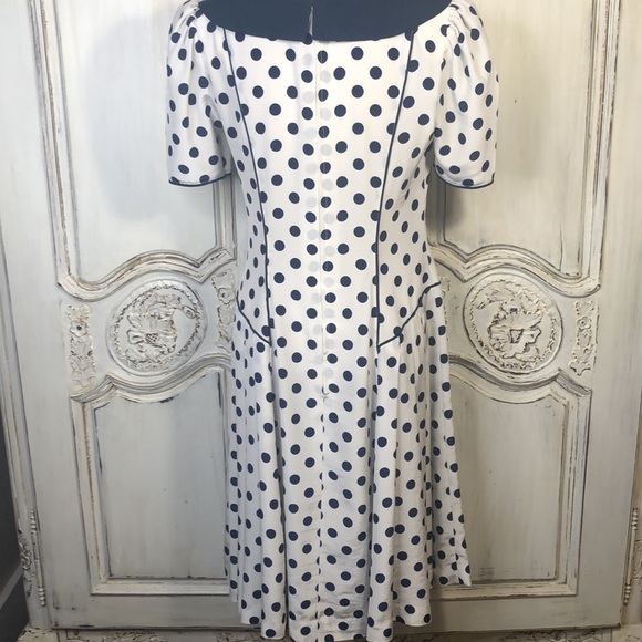 TRUE VINTAGE Hand Made Cream with Navy Dots Short Sleeve Sheath Dress - Picture 8 of 16
